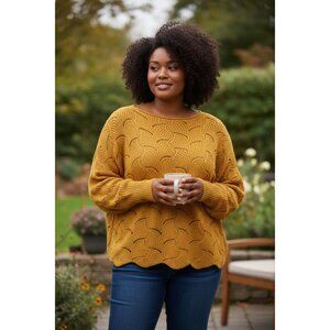 Mustard Gold Knit Pullover Sweater W/ Scalloped Texture & Dolman Sleeves
